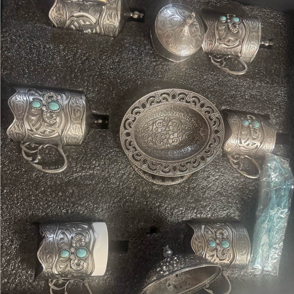 Ornate Silver and Turquoise Coffee Set